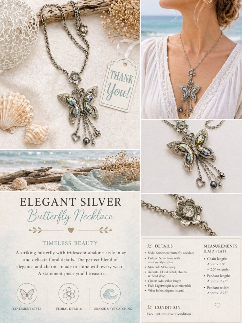 Silver Butterfly Abalone Statement Necklace Floral Charm Boho Y2K